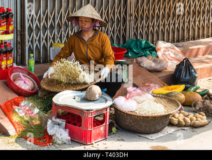 Un mercato locale fornitore, Duong Lam antico villaggio, vicino Hanoi, Vietnam Foto Stock