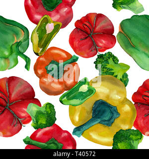 Acquerello seamless pattern con broccoli, pomodori e peperoni giallo, verde e arancione isolati su sfondo bianco. Design per i tessili, m Foto Stock