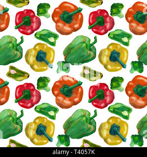 Acquerello seamless pattern con broccoli, pomodori e peperoni giallo, verde e arancione isolati su sfondo bianco. Design per i tessili, m Foto Stock