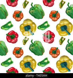 Acquerello seamless pattern con broccoli, pomodori e peperoni giallo, verde e arancione isolati su sfondo bianco. Design per i tessili, m Foto Stock