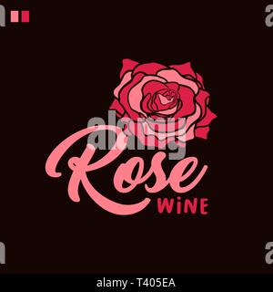 Vino Rosato Colore Lettering illustrazione vettoriale. Fiore disegno di vernice. La calligrafia manoscritta. Pink rosebud disegnati a mano clipart su sfondo marrone. Poster, striscioni, biglietto di auguri floreali elemento di design Illustrazione Vettoriale