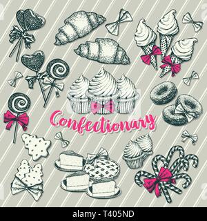 Pasticceria disegnati a mano illustrazioni set. Schizzo di inchiostro dessert cliparts e scritte. Doodle torte, lecca-lecca, croissant. Cafe, pasticceria, panetteria menu, banner, poster incisione elementi di design Illustrazione Vettoriale