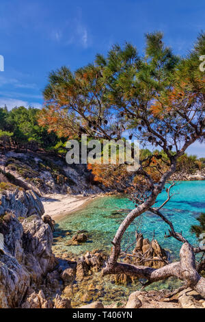 Kavourotrypes o arancione è un piccolo paradiso di piccole spiagge situate tra Armenistis e Platanitsi in Sithonia, Calcidica, Grecia Foto Stock