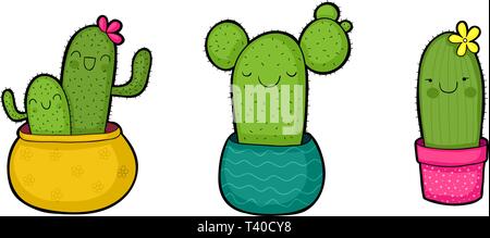 Set di tre vasi da fiori con felice cactus illustrazione Illustrazione Vettoriale