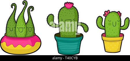 Set di tre vasi da fiori con felice cactus illustrazione Illustrazione Vettoriale