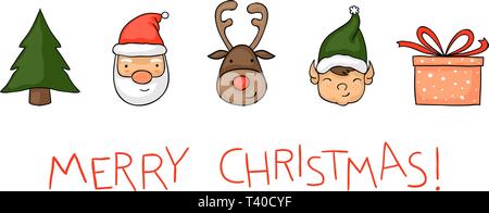 Auguri di Natale carta con graziosi Santa, Rudolf e un elfo e scrittura infantile del 'buon Natale!" Illustrazione Vettoriale