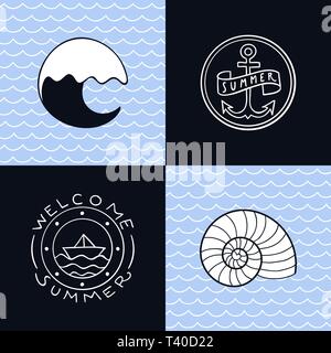 Quattro simpatici mare estate correlati icone con scritte a mano e senza soluzione di continuità sullo sfondo del mare Illustrazione Vettoriale
