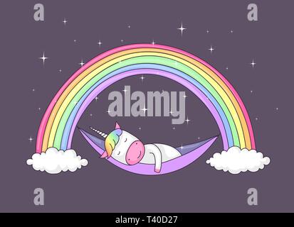 Cartoon carino di unicorn dormire in una amaca attaccato ad un arcobaleno Illustrazione Vettoriale