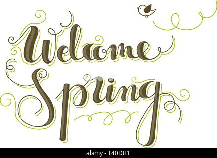 Benvenuti a molla scritte a mano con decoro e un birdie. Illustrazione Vettoriale