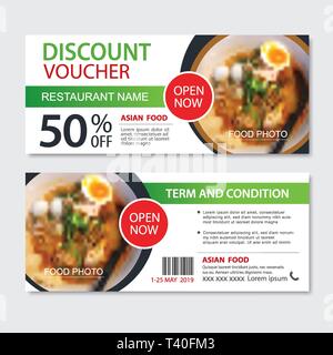 Sconto gift voucher asian food design modello. Tagliatelle set. Utilizzare il coupon, banner, flyer, vendita, promozione. Illustrazione Vettoriale