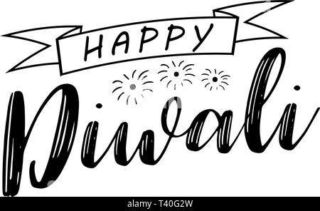 Lettere manoscritte composizione tipo di felice Diwali con fuochi d'artificio. Tipografia poster per Diwali Festival. Illustrazione Vettoriale