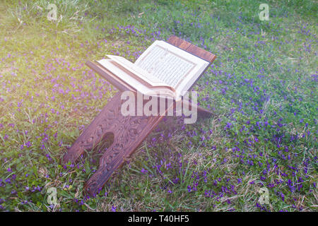 Libro sacro dei musulmani di tutto il mondo. Una pagina aperta del Corano Foto Stock