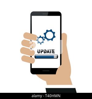 Mano trattiene aggiornamento smartphone ingranaggi sul display isolati su sfondo bianco illustrazione vettoriale EPS10 Illustrazione Vettoriale