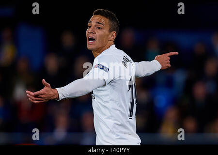 VILLAREAL, Spagna - 11 aprile: Rodrigo Moreno di Valencia CF reagisce durante la UEFA Europa League quarti di finale prima gamba match tra Villarreal e Valencia al Estadio de la Ceramica su Aprile 11, 2019 in Villareal, Spagna. (Foto di David Aliaga/MB Media) Foto Stock