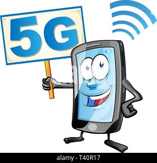 Cartoon dello smartphone con un cartello con il nome 5G icona. clipart illustrazione vettoriale Illustrazione Vettoriale