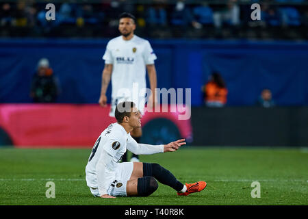 VILLAREAL, Spagna - 11 aprile: Rodrigo Moreno di Valencia CF reagisce durante la UEFA Europa League quarti di finale prima gamba match tra Villarreal e Valencia al Estadio de la Ceramica su Aprile 11, 2019 in Villareal, Spagna. (Foto di David Aliaga/MB Media) Foto Stock