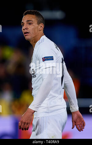 VILLAREAL, Spagna - 11 aprile: Rodrigo Moreno di Valencia CF reagisce durante la UEFA Europa League quarti di finale prima gamba match tra Villarreal e Valencia al Estadio de la Ceramica su Aprile 11, 2019 in Villareal, Spagna. (Foto di David Aliaga/MB Media) Foto Stock