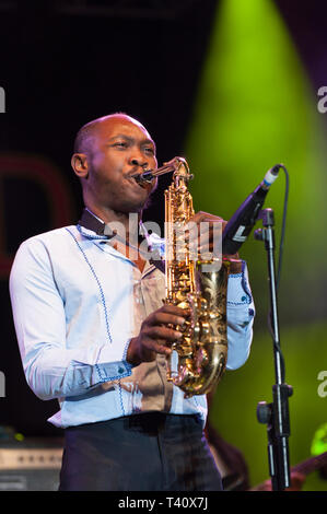 Seun Kuti (Oluseun Anikulapo Kuti, nato il 11 gennaio 1983) effettuando al Womad Festival, Malmesbury, Regno Unito Foto Stock