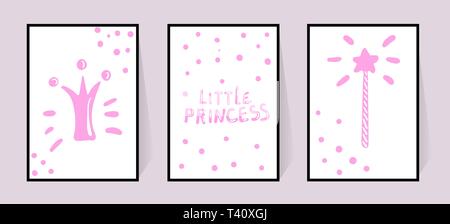 Manifesti rosa con iscrizioni poco Princess, Crown e Bacchetta magica pattern in punti. Set di vettore per la camera da letto per bambini arredamento. Disegnare a mano scritte in Illustrazione Vettoriale