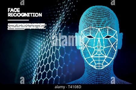 Robot occhi blu android con dettagliate iride e pupilla. Il riconoscimento facciale concetto con il sensore e la faccia di identità. La scansione 3D. Illustrazione Vettoriale