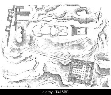 Mappa aerea del grande Sphink e la Sfinge due templi di Gizah. La Grande Sfinge è una colossale staue in calcare di una mitica creatura con il corpo di un leone e la testa di un essere umano Foto Stock