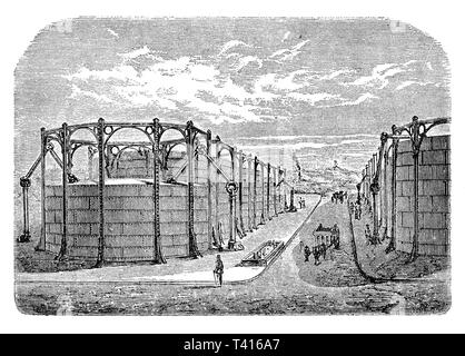 Installazione gasometro a La Villette Francia, XIX secolo. Gasometri a gas o i titolari sono dei grandi contenitori in cui gas naturale viene conservato a temperatura ambiente e pressione atmosferica. Foto Stock