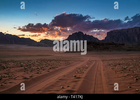 Tracce di pneumatici nel deserto, Wadi Rum, Giordania Foto Stock