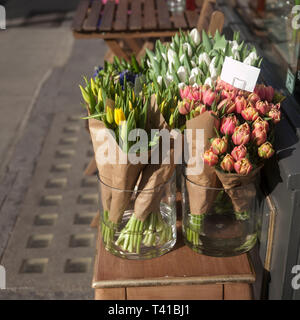 Mazzi di tulipani multicolori in Kraft carta beige in vasi trasparenti per la vendita all'ingresso dello store Foto Stock