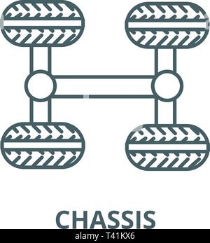 Telaio, quattro ruote icona linea, vettore. Telaio, quattro ruote profilo segno, concetto simbolo, illustrazione piatta Illustrazione Vettoriale