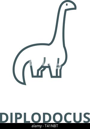 Dinosauro,diplodocus icona linea, vettore. Dinosauro,diplodocus del segno di contorno, concetto simbolo, illustrazione piatta Illustrazione Vettoriale