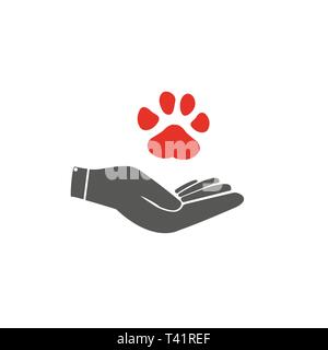 Shelter animali domestici segno icona. Mano trattiene il simbolo della zampa. Protezione degli animali. - Illustrazione Vettoriale.eps 10. Illustrazione Vettoriale