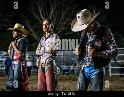 Latin bull riders getting chiamato fuori prima di equitazione in rodeo guatemalteca Foto Stock