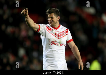 Saint Helens Louie McCarthy-Scarsbrook celebra dopo la Betfred Super League match al totalmente Wicked Stadium, St Helens. Foto Stock