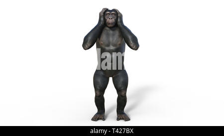 Uno scimpanzé scimmia, primate ape copre le orecchie, animale selvatico isolati su sfondo bianco, 3D illustrazione Foto Stock