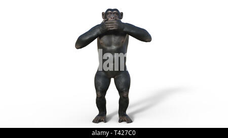 Uno scimpanzé scimmia, primate di ape che copre la bocca, animale selvatico isolati su sfondo bianco, 3D illustrazione Foto Stock