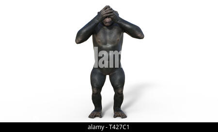 Uno scimpanzé scimmia, primate di ape che copre gli occhi, animale selvatico isolati su sfondo bianco, 3D illustrazione Foto Stock
