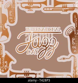 Jazz giorno poste con strumenti e lo sfondo di legno Illustrazione Vettoriale