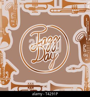 Jazz giorno poste con strumenti e lo sfondo di legno Illustrazione Vettoriale
