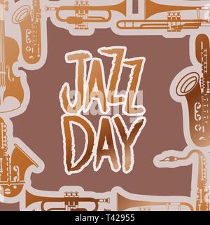 Jazz giorno poste con strumenti e lo sfondo di legno Illustrazione Vettoriale