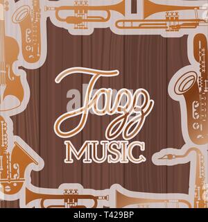 Jazz giorno poste con strumenti e lo sfondo di legno Illustrazione Vettoriale