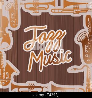 Jazz giorno poste con strumenti e lo sfondo di legno Illustrazione Vettoriale