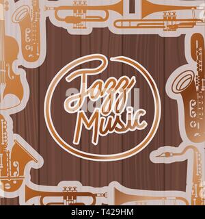 Jazz giorno poste con strumenti e lo sfondo di legno Illustrazione Vettoriale