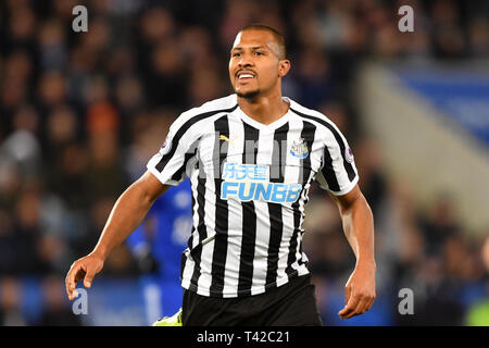 Leicester, Regno Unito. 12 apr 2019. Newcastle United avanti Salomon Rondon (9) durante il match di Premier League tra Leicester City e Newcastle United al King Power Stadium, Leicester venerdì 12 aprile 2019. (Credit: Jon Hobley | MI News) solo uso editoriale, è richiesta una licenza per uso commerciale. Nessun uso in scommesse, giochi o un singolo giocatore/club/league pubblicazioni.Per qualsiasi credito queri: MI News & Sport /Alamy Live News Foto Stock