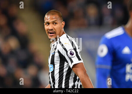 Leicester, Regno Unito. 12 apr 2019. Newcastle United avanti Salomon Rondon (9) durante il match di Premier League tra Leicester City e Newcastle United al King Power Stadium, Leicester venerdì 12 aprile 2019. (Credit: Jon Hobley | MI News) solo uso editoriale, è richiesta una licenza per uso commerciale. Nessun uso in scommesse, giochi o un singolo giocatore/club/league pubblicazioni.Per qualsiasi credito queri: MI News & Sport /Alamy Live News Foto Stock