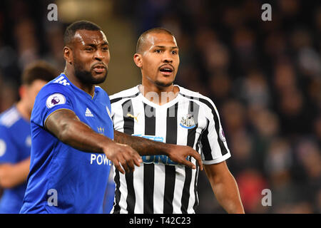 Leicester, Regno Unito. 12 apr 2019. Newcastle United avanti Salomon Rondon (9) durante il match di Premier League tra Leicester City e Newcastle United al King Power Stadium, Leicester venerdì 12 aprile 2019. (Credit: Jon Hobley | MI News) solo uso editoriale, è richiesta una licenza per uso commerciale. Nessun uso in scommesse, giochi o un singolo giocatore/club/league pubblicazioni.Per qualsiasi credito queri: MI News & Sport /Alamy Live News Foto Stock