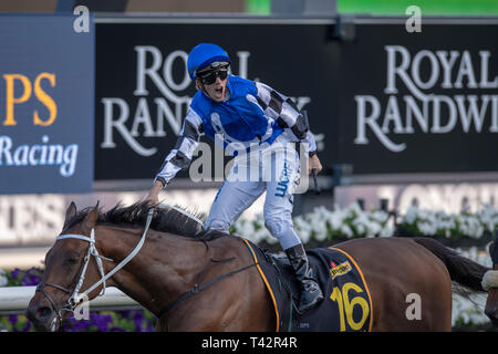 Sydney, STATI UNITI D'AMERICA. Xiii Apr, 2019. ROYAL Randwick, Sydney '"' 13 aprile: Shraaoh, cavalcato da Jay Ford vince il gruppo 1 Schweppes Sydney Cup sulla seconda giornata dei Campionati al Regio Ippodromo di Randwick a Sydney. Michael McInally/Eclipse Sportswire/CSM/Alamy Live News Foto Stock