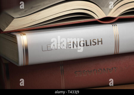 Imparare l'inglese. Libri e libri di testo per studiare inglese. 3d illustrazione Foto Stock