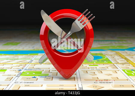 Cibo, ristorante o bar posizione e direzione del concetto. Perno o punto sulla mappa con la forcella di nife e sulla mappa della città. 3d illustrazione Foto Stock
