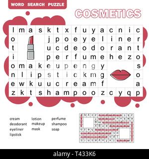 Gioco educativo per i bambini. Puzzle di ricerca di parola con cosmetici. Attività per bambini foglio. Puzzle di ricerca di parola per i bambini. Risposta inclusa. Illustrazione Vettoriale