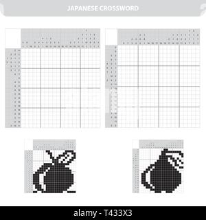 Istruzione gioco di puzzle per i bambini delle scuole. Mela e pera. Bianco e nero cruciverba giapponese con risposta. Cruciverba grafico. Libro da colorare per i bambini Illustrazione Vettoriale